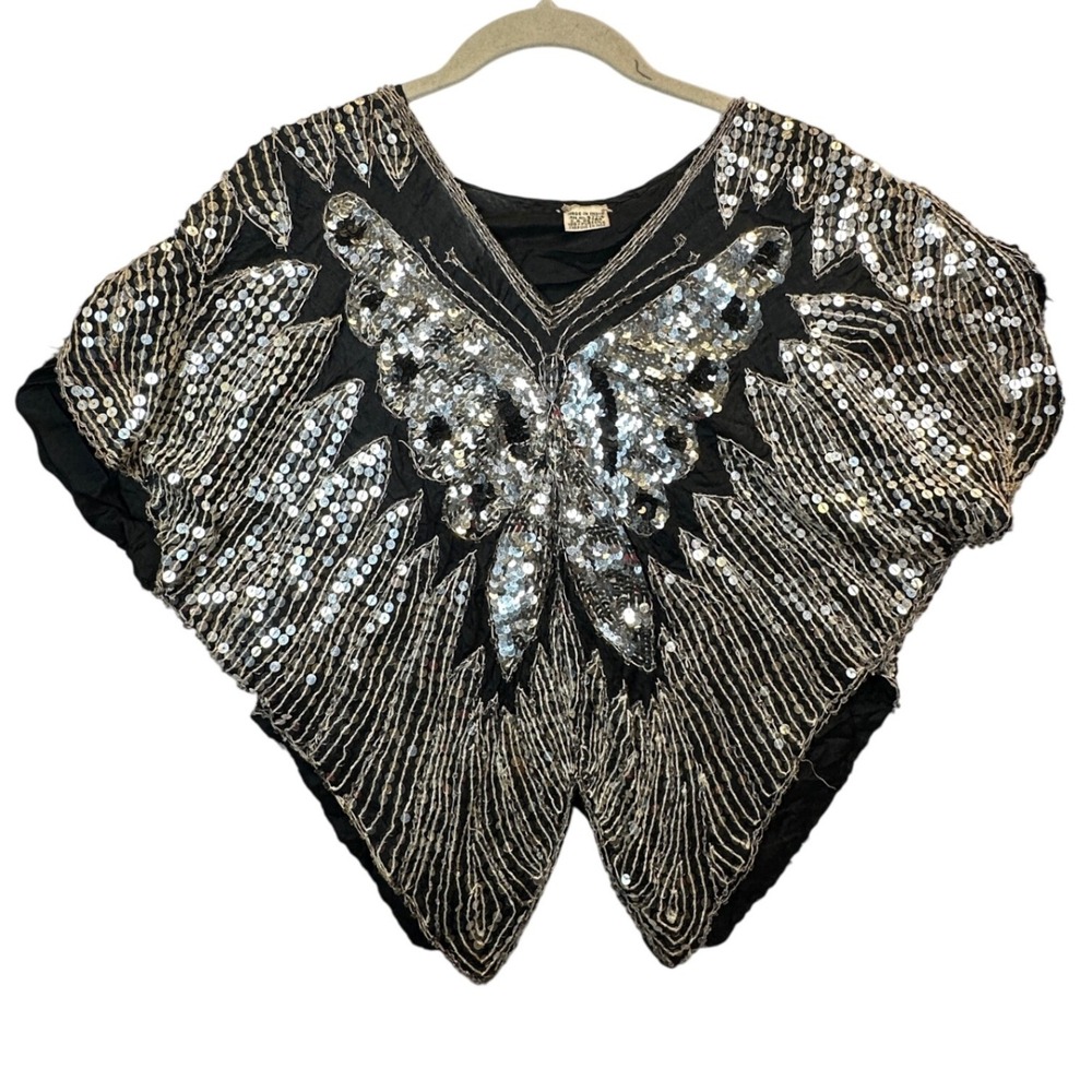 READ Vintage 100% Silk Butterfly Sequin Beaded Top Black Silver Made in India